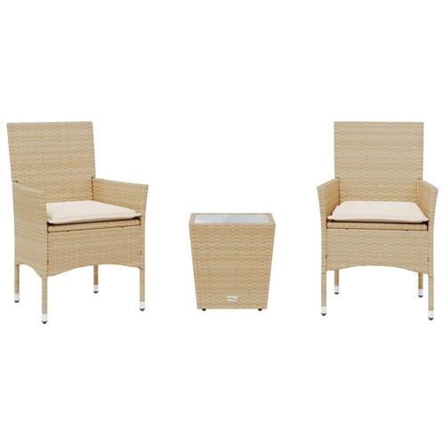 Bistrosæt til haven 3 dele med hynder polyrattan og glas beige