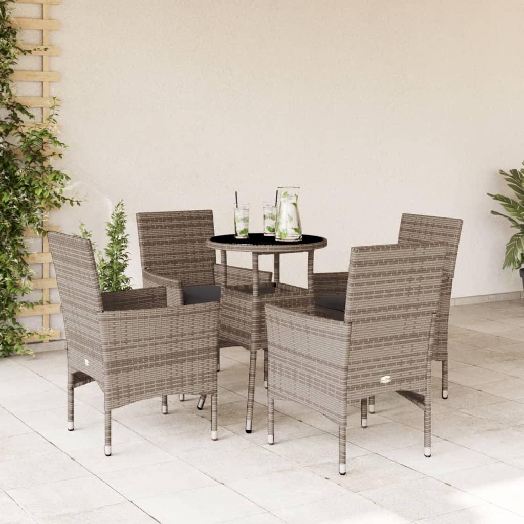 Spisebordssæt til haven 5dele med hynder polyrattan og glas grå