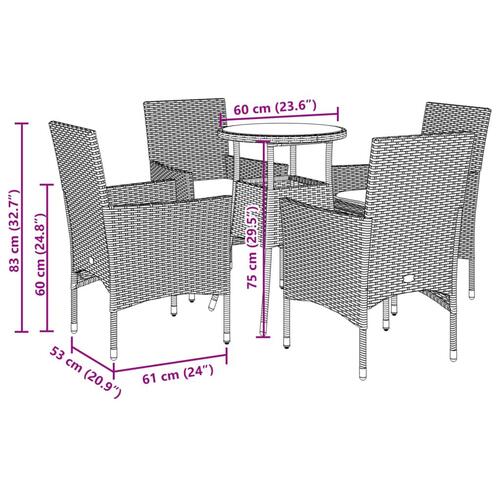 Spisebordssæt til haven 5dele med hynder polyrattan og glas grå