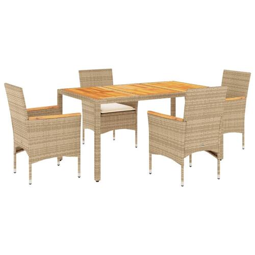 Spisebordssæt til haven 5dele m. hynder polyrattan akacie beige