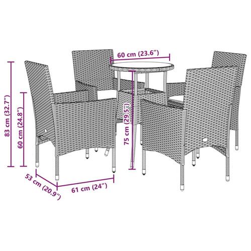Spisebordssæt til haven 5dele m. hynder polyrattan og glas brun