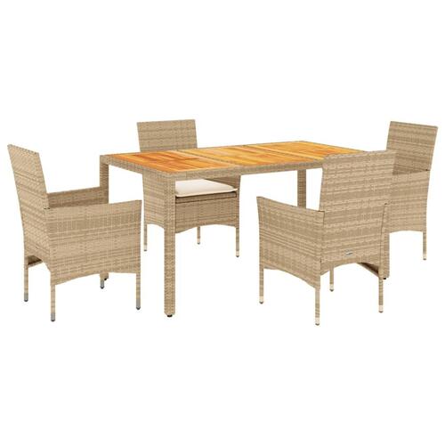 Spisebordssæt til haven 5dele m. hynder polyrattan akacie beige