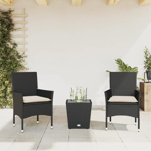 Bistrosæt til haven 3 dele med hynder polyrattan og glas sort