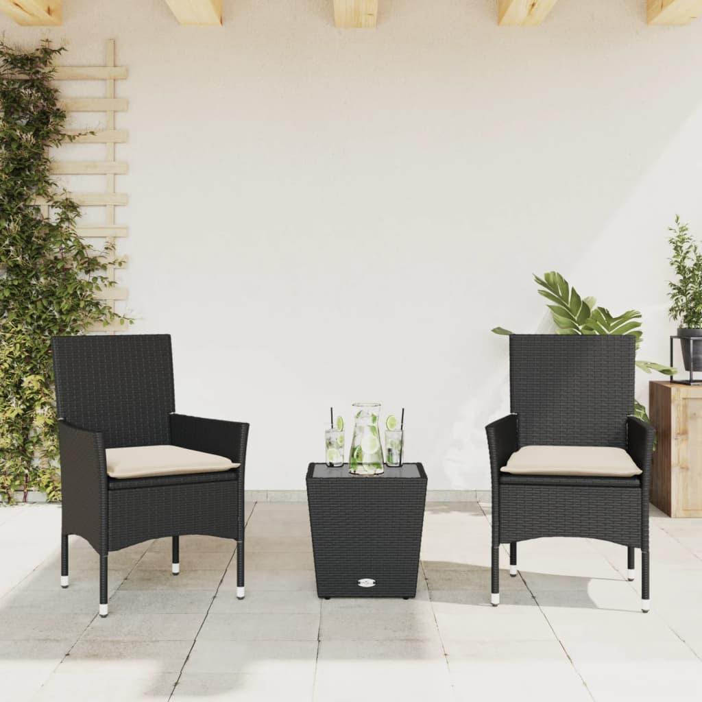 Bistrosæt til haven 3 dele med hynder polyrattan og glas sort