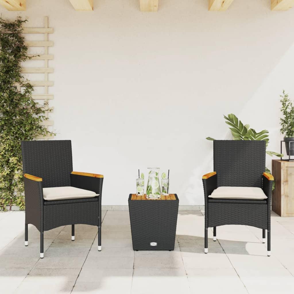 Bistrosæt til haven 3 dele med hynder polyrattan og glas sort