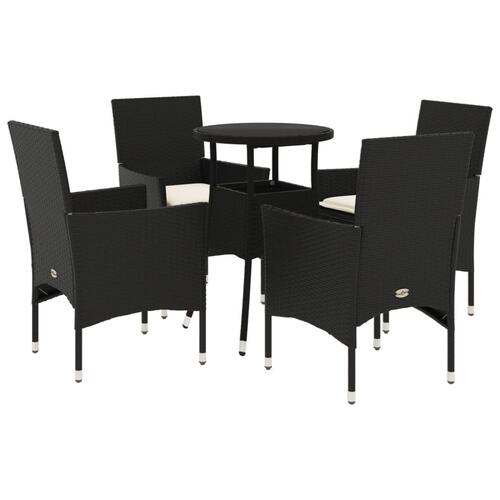 Spisebordssæt til haven 5dele m. hynder polyrattan og glas sort