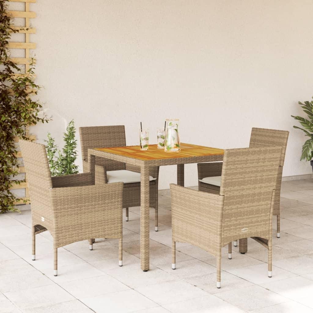 Spisebordssæt til haven 5dele m. hynder polyrattan akacie beige