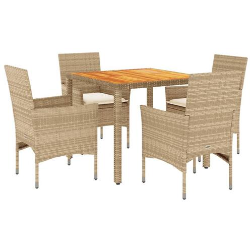 Spisebordssæt til haven 5dele m. hynder polyrattan akacie beige