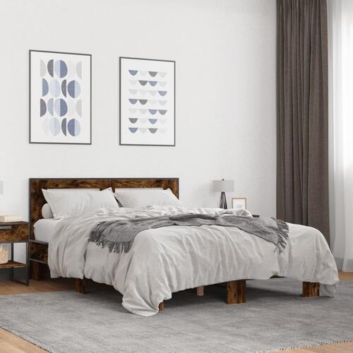Sengestel 135x190cm konstrueret træ og metal røget egetræsfarve