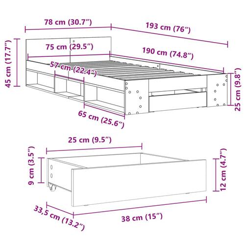 Sengeramme med skuffe 75x190 cm konstrueret træ hvid