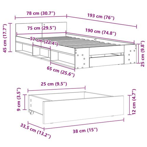 Sengeramme med skuffe 75x190 cm konstrueret træ sort