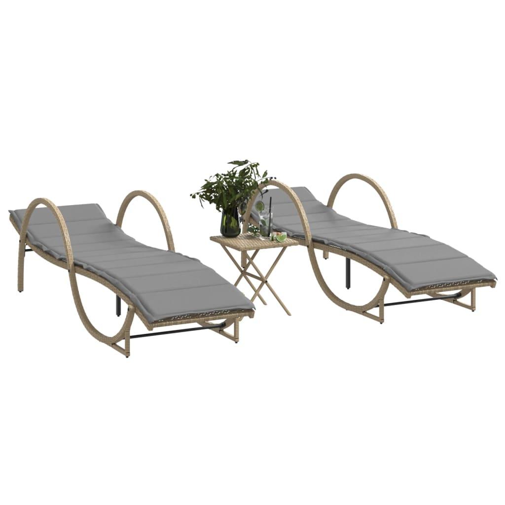 Liggestole 2 stk. med bord polyrattan beige