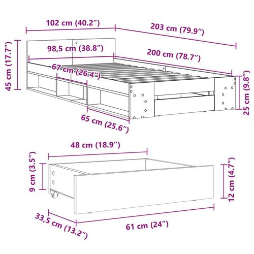 Sengeramme med skuffe 100x200 cm konstrueret træ betongrå