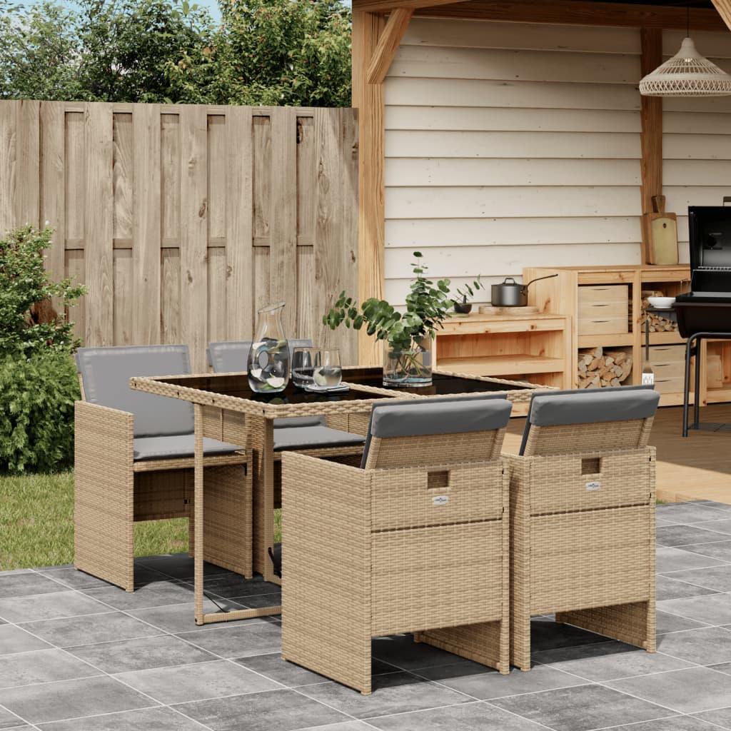 Spisebordssæt til haven 5 dele med hynder polyrattan beige