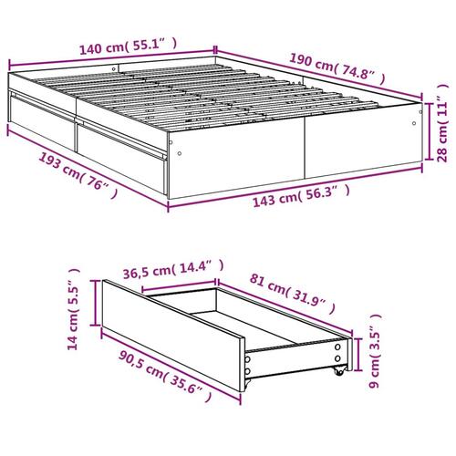 Sengeramme med skuffer 140x190 cm konstrueret træ grå sonoma-eg