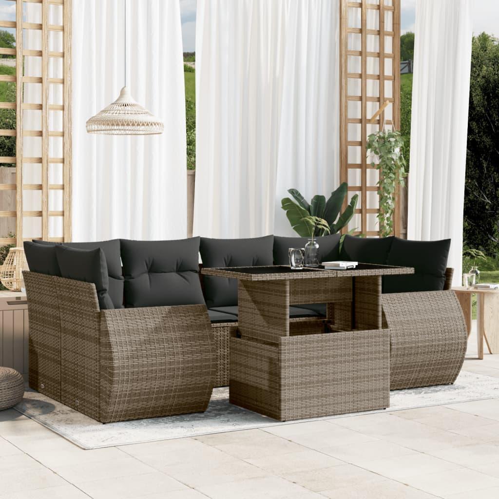 Havesofasæt i polyrattan - 7 dele med hynder, grå