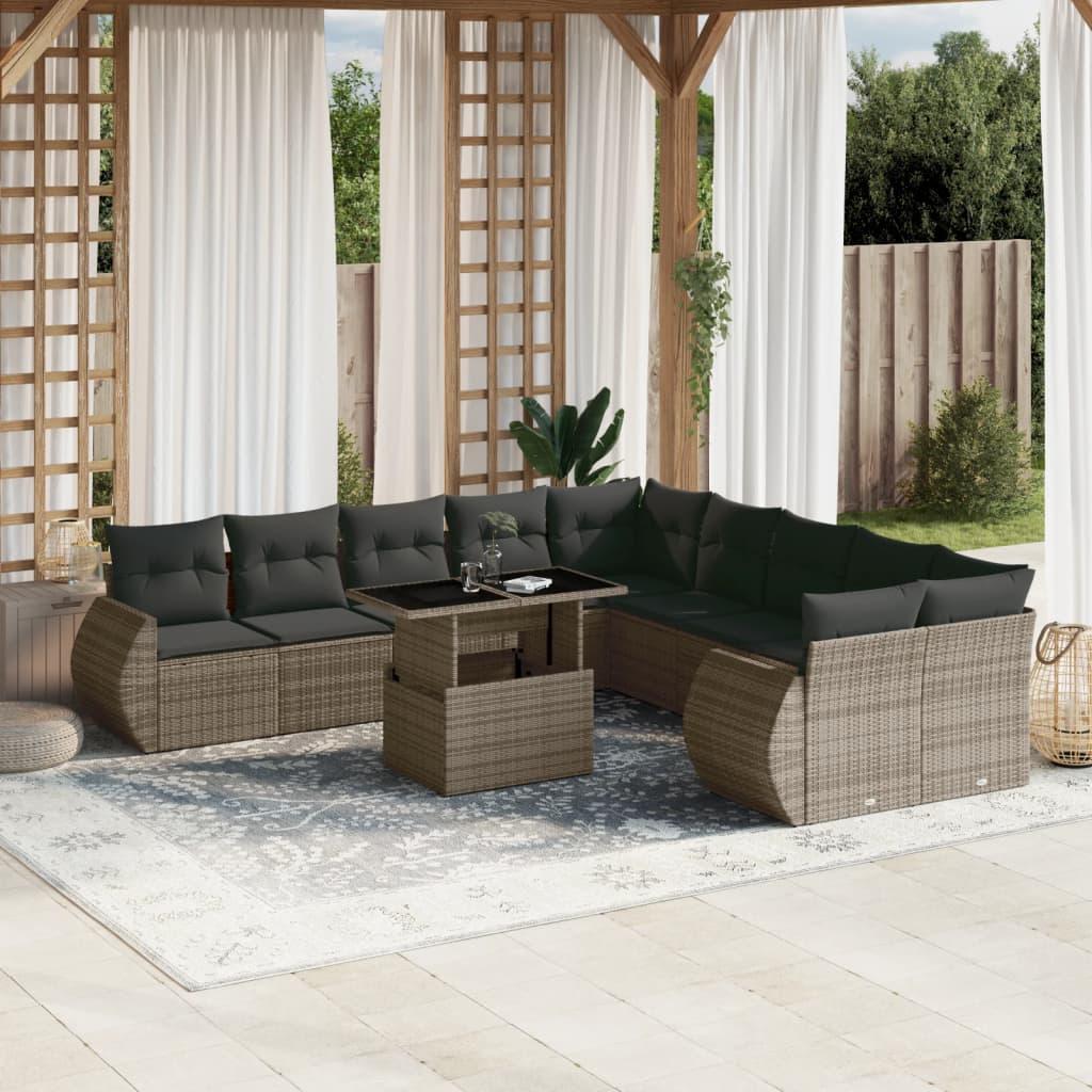 Loungesæt til haven 11 dele med hynder polyrattan grå