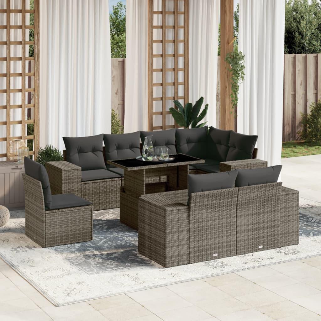 Sofasæt til haven 9 dele med hynder polyrattan grå
