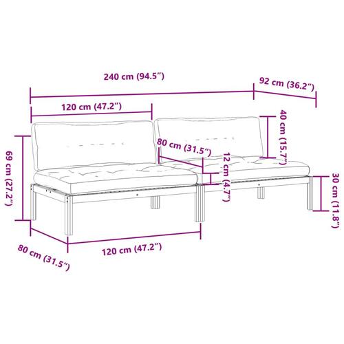 Midtermoduler til pallesofa 2 stk. med hynder massivt akacietræ