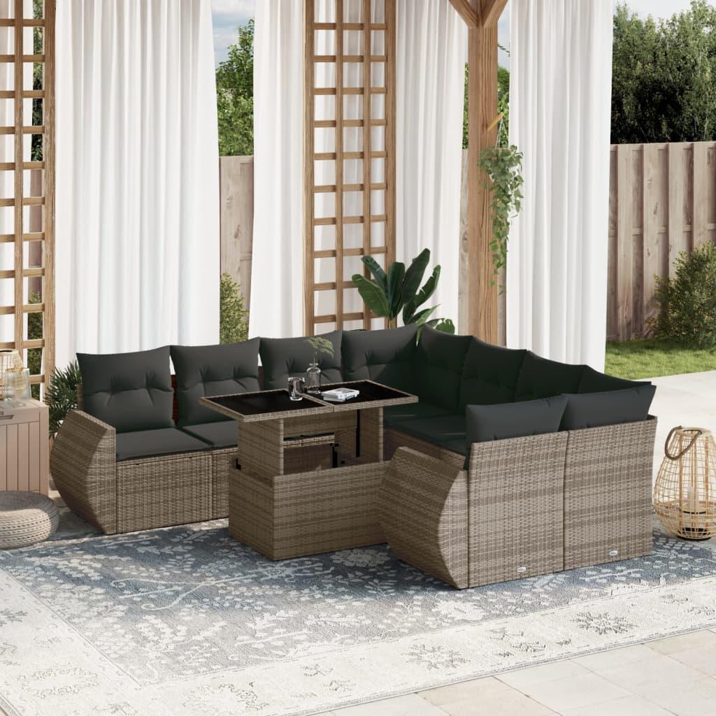 Sofasæt til haven 9 dele med hynder polyrattan grå