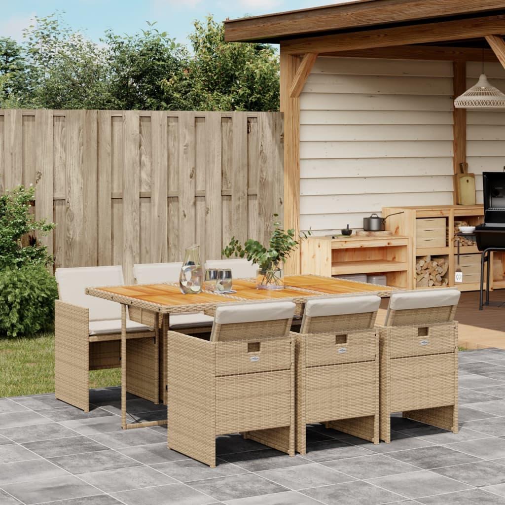 Spisebordssæt til haven 7 dele med hynder polyrattan beige