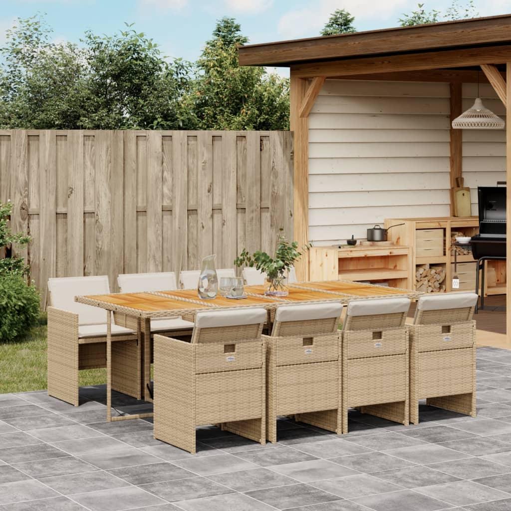 Spisebordssæt til haven 9 dele med hynder polyrattan beige