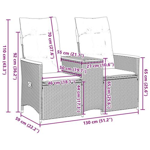 2-personers havesofa med bord og lænefunktion polyrattan grå