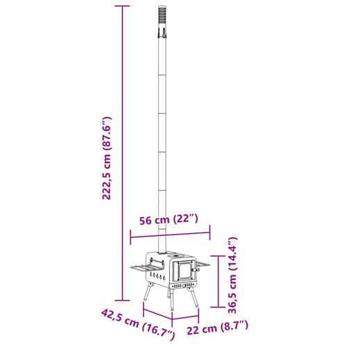 Teltovn med skorsten og foldbare ben stål sort
