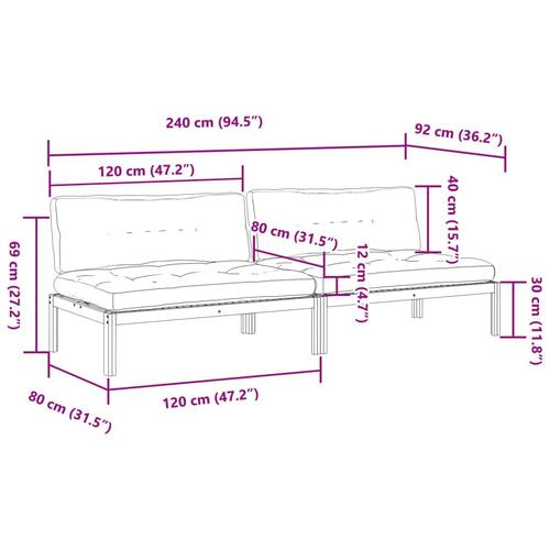 Midtermoduler til pallesofa 2 stk. med hynder massivt akacietræ