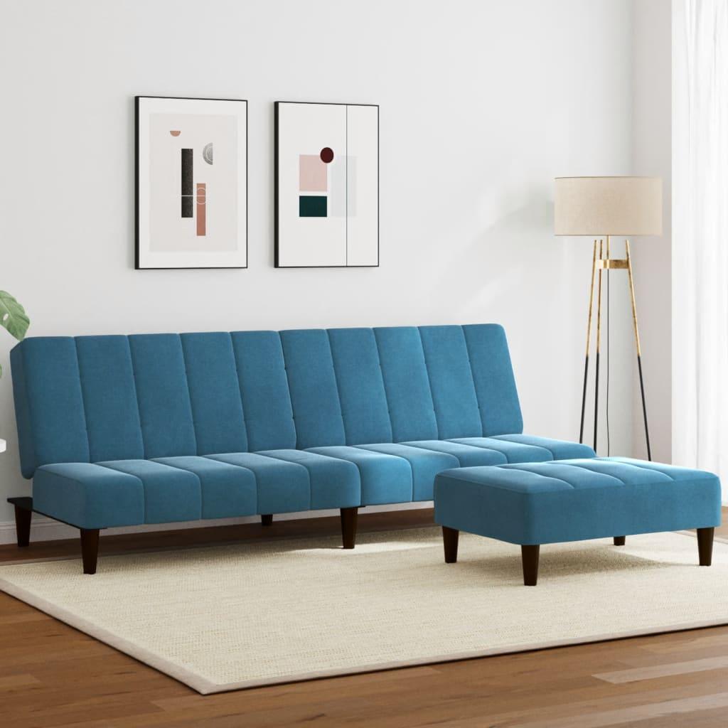 2-personers sovesofa med fodskammel i velour blå