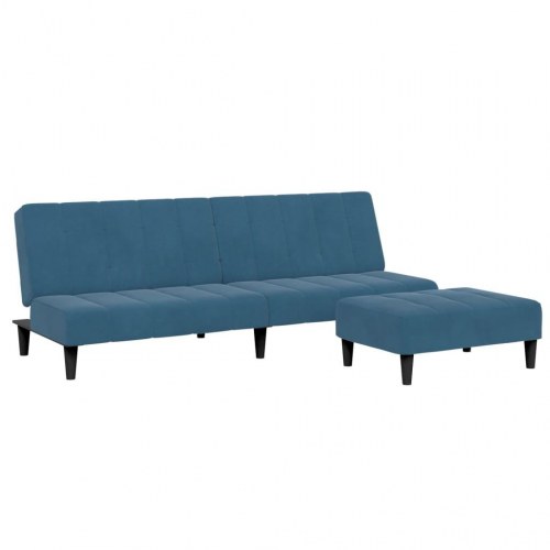 2-personers sovesofa med fodskammel i velour blå