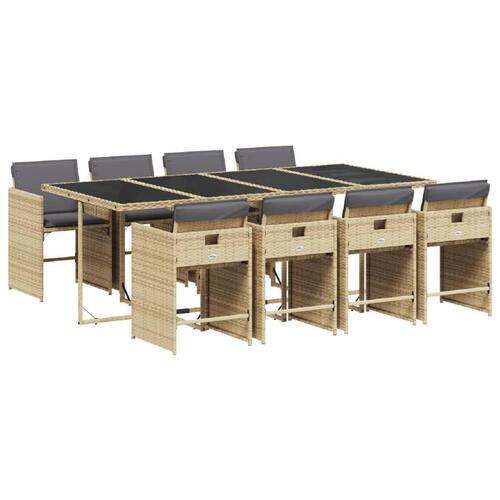 Spisebordssæt til haven 9 dele med hynder polyrattan beige