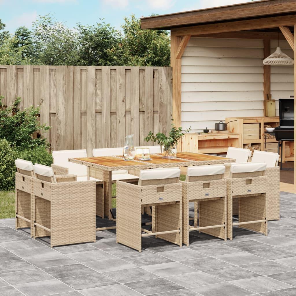 Spisebordssæt til haven 11 dele med hynder polyrattan beige