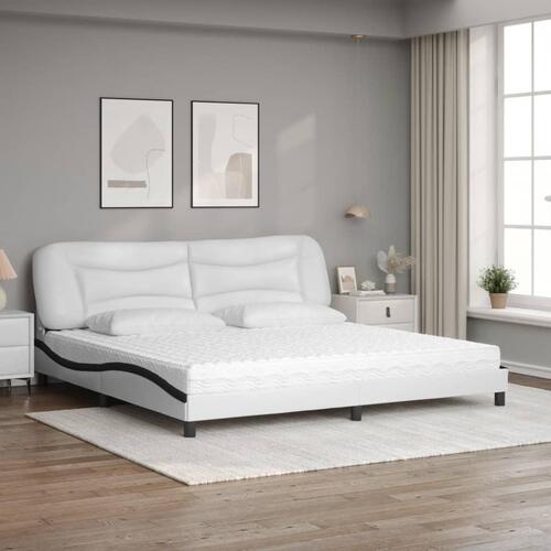 Seng med madras 200x200 cm kunstlæder hvid og sort