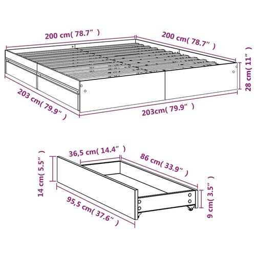 Sengeramme med skuffer 200x200 cm konstrueret træ brunt eg