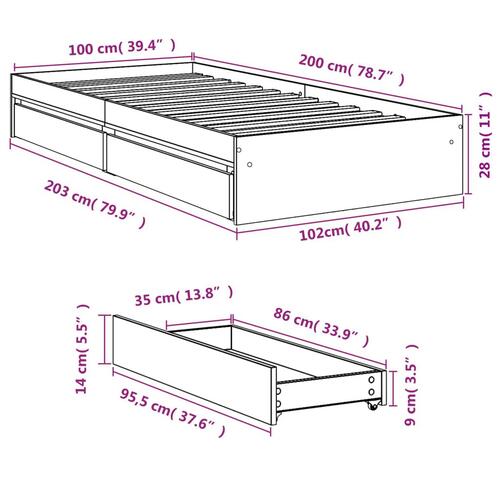 Sengeramme med skuffer 100x200 cm konstrueret træ røget eg