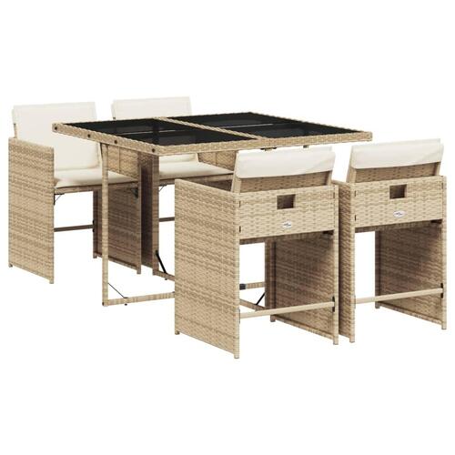 Spisebordssæt til haven 5 dele med hynder polyrattan beige