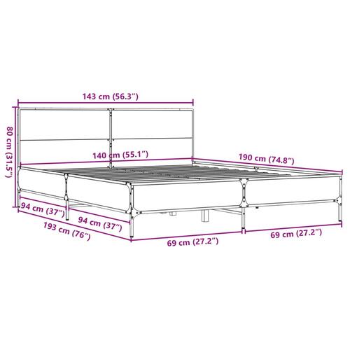 Sengestel 140x190cm konstrueret træ og metal røget egetræsfarve