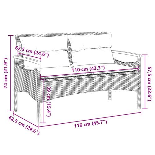 Havebænk med hynder 116x62,5x74 cm polyrattan sort
