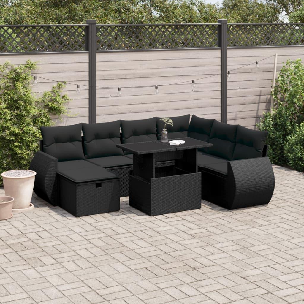 Havesofasæt i polyrattan - 8 dele med hynder, sort billede