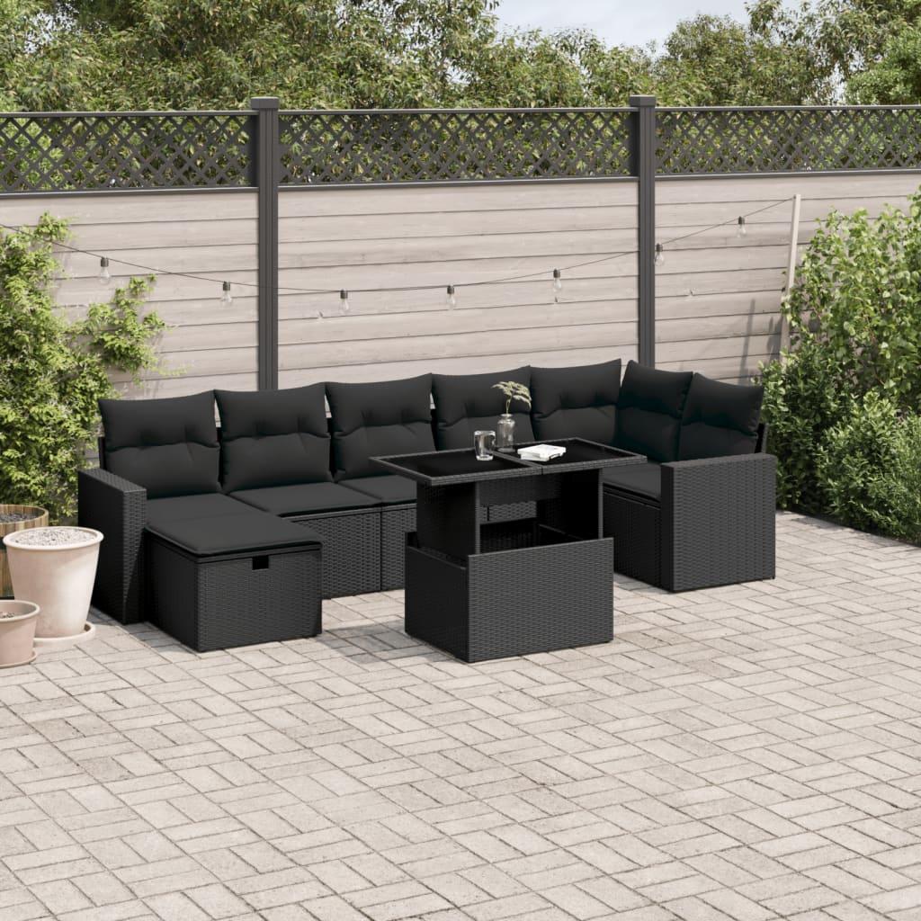 Sofasæt til haven i polyrattan - 8 dele med hynder, sort