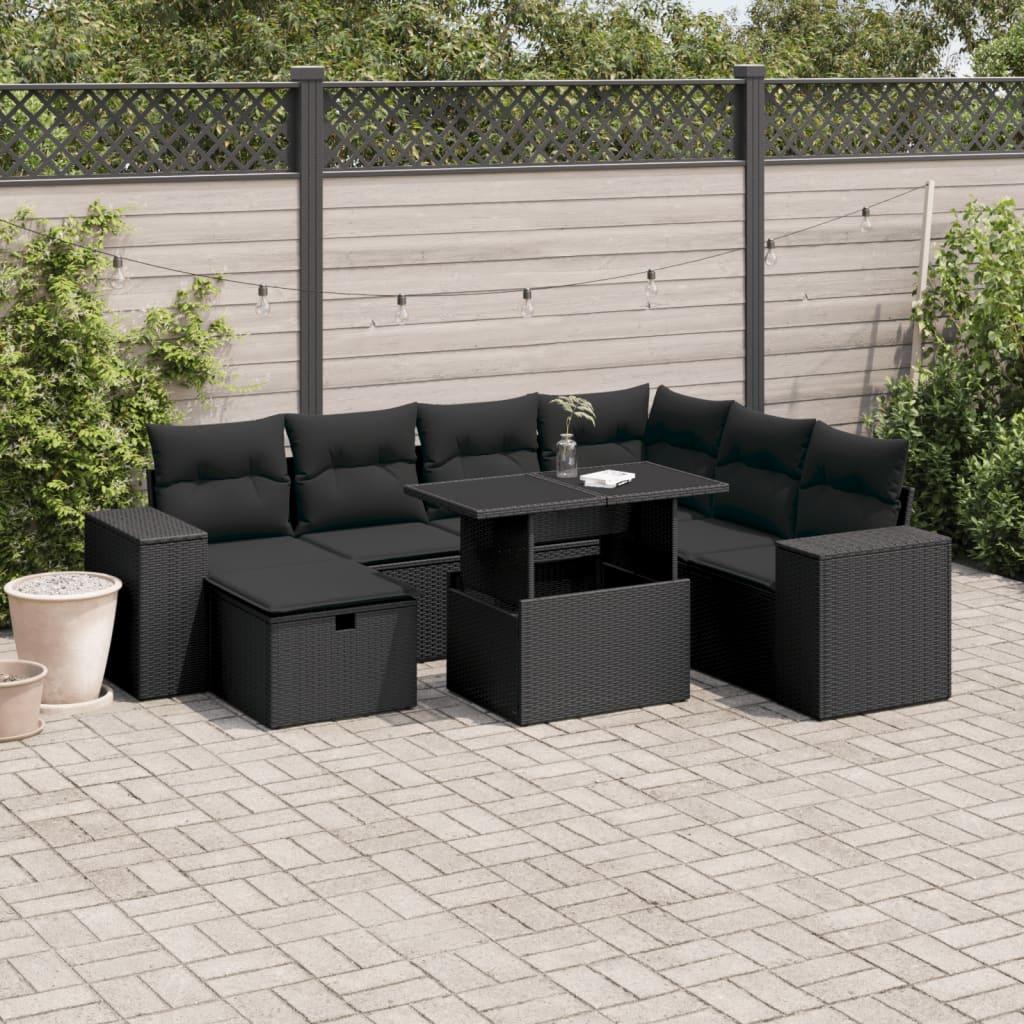 Sofasæt til haven i polyrattan - 8 dele med hynder, sort