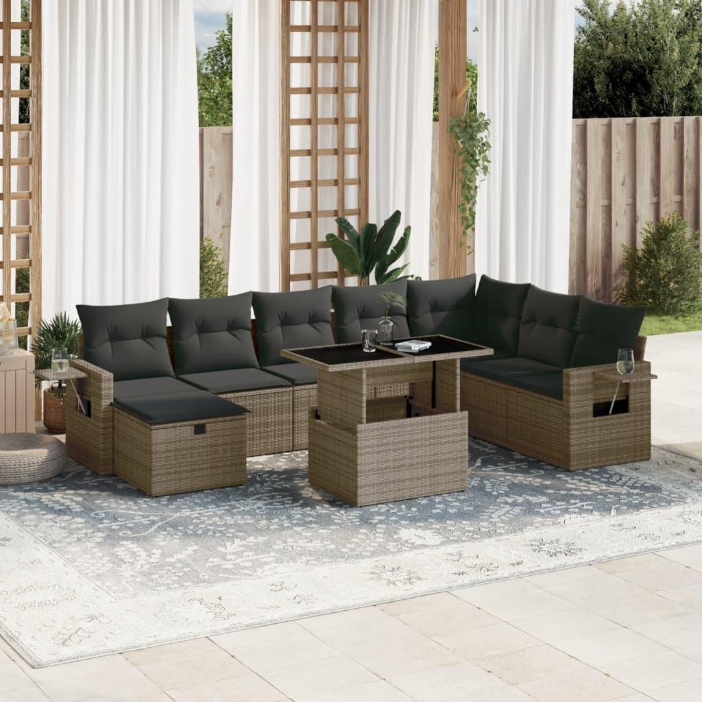 Sofasæt til haven 9 dele med hynder polyrattan grå