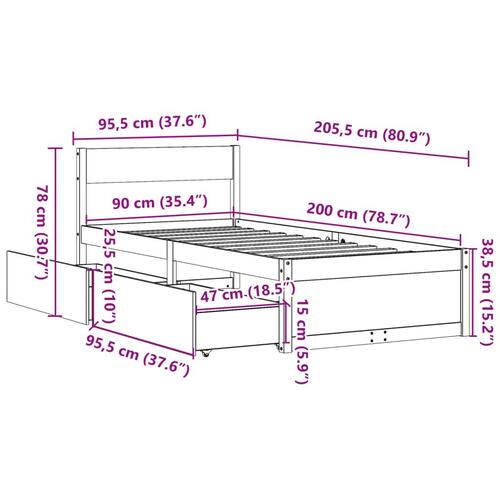 Sengeramme med skuffer 90x200 cm massivt fyrretræ gyldenbrun