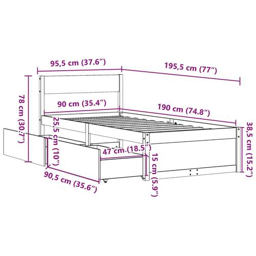 Sengeramme uden madras 90x190 cm massivt fyrretræ