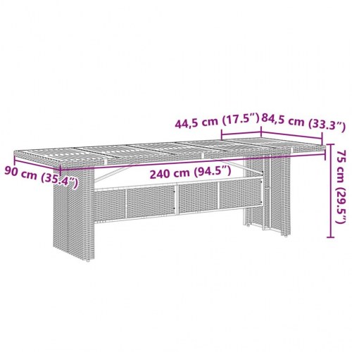 Havebord med glastop 240 × 90 × 75 cm i grå polyrattan