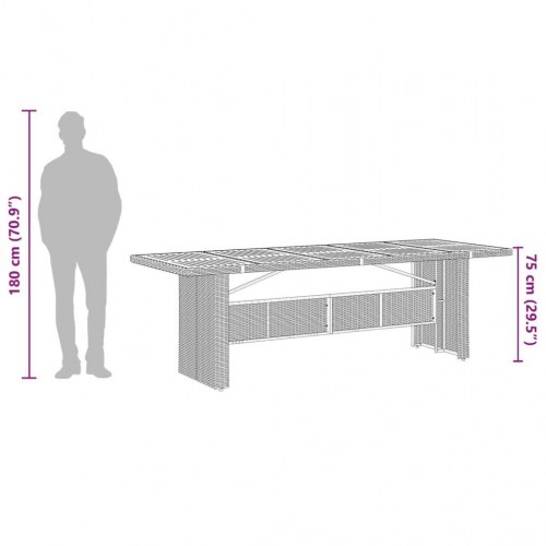 Havebord med glastop 240 × 90 × 75 cm i grå polyrattan