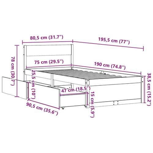 Sengeramme uden madras 75x190 cm massivt fyrretræ