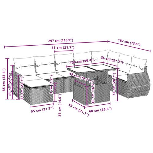 Sofasæt til haven 9 dele med hynder polyrattan grå