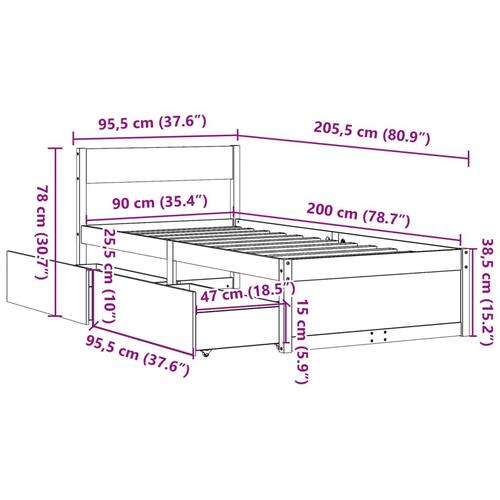 Sengeramme uden madras 90x200 cm massivt fyrretræ hvid